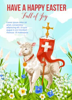 Easter lamb with cross greeting card for Spring Holiday celebration. White sheep with wooden crucifix and red flag standing on flower field of daffodil, lily and green grass for Happy Easter banner