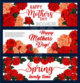 Happy Mother Day greeting banner with rose flower frame for Spring Season Holiday design. Red flower of garden rose, flowering plant with green leaf and greeting wishes for floral card template
