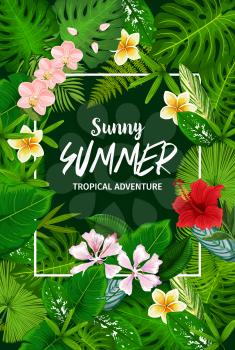 Tropical palm leaf poster with exotic flower, summer vacation or travel themes design. Jungle tree and plant green foliage frame, adorned by orchid, hibiscus and plumeria, beach party invitation