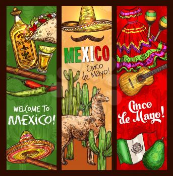 Cinco de Mayo Mexican traditional holiday or fiesta banners. Vector sketch Welcome to Mexico and Cinco de Mayo celebration symbols sombrero, pepper jalapeno and tequila, cigar and cactus or avocado