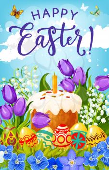 Easter eggs, cake and spring flowers vector greeting card of christian religion holiday celebration. Traditional sweet bread, painted eggs and candle, crocuses, tulips and lilies with butterflies