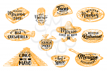 Cinco de Mayo vector icons of Mexican holiday traditional food and drink sketches with lettering greetings. Nachos, burrito and tacos, chili, salsa and guacamole sauces, tortilla and sombrero