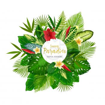 Tropical floral poster with exotic palm leaf and flower. Green foliage of jungle tree and plant frame with monstera, fern and bamboo, hibiscus, plumeria and strelitzia. Summer holiday card design