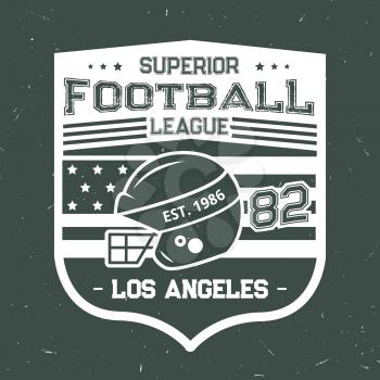 Football vintage grunge T-shirt print design of rugby ball and player helmet with American flag. Vector American Los Angeles football league or team badge