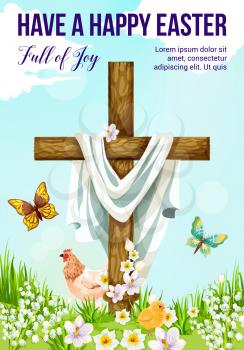Easter cross with spring flower greeting card. Christian religion crucifix on sunny meadow with chicken, chick and butterfly, daffodil, lily and crocus flower for Easter Sunday and He Is Risen design