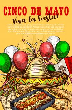 Cinco de Mayo day, Mexican holiday, Mexico cuisine dishes, fiesta party. Vector sombrero and balloons, flag and firework, enchiladas and quesadilla, burrito. Festive dinner, spicy food with chili