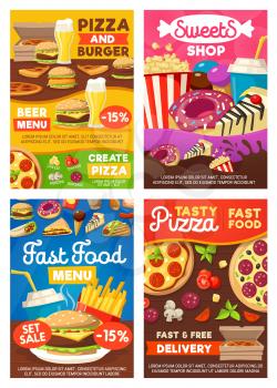 Fast food sweet desserts, snacks or drinks and meals. Vector delivery or takeaway fastfood restaurant menu of burger pizza or hot dog sandwich and grill chicken with coffee and donut