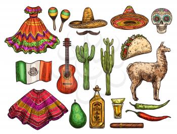 Mexican culture sketch symbols, Cinco de Mayo celebration. Vector icons of Mexican sombrero, flag or poncho and tequila with chili pepper jalapeno, taco or avocado and maracas or fiesta dress