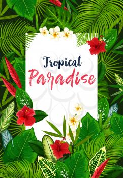 Hawaiian palm green leaves with hibiscus and plumeria flower, tropical vacation beach party invitation. Tropical paradise resort or travel agency banner with exotic floral frame