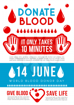World Blood Donor Day medical banner for transfusion laboratory or clinic template. Donate blood save life promo poster design with heart, drops of blood and helping hand