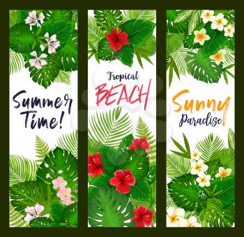 Tropical leaves and flowers banners. Green palm leaves, hawaiian hibiscus and plumeria flowers. Summer vacation and exotic travel design. Beach party invitation or exotic resort flyers
