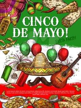 Cinco de Mayo day, Mexican holiday icons on national flag. Mexico cuisine dishes nachos and enchiladas, burrito and fajitas. Vector sombrero and mustache, guitar and tequila, maracas and ponch