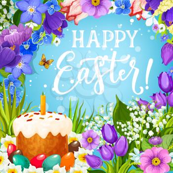 Easter cake and eggs in spring flower frame vector design. Christian religion Easter holiday painted eggs and sweet bread with candle, daffodils and tulips, green grass, butterfly and greeting wishes