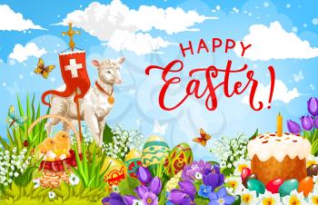 Happy Easter holiday vector design of painted eggs, chicks and cake, spring flowers and lab of God with cross. Resurrection Sunday holiday of christian religion greeting card