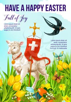 Happy Easter Holiday greeting banner for Spring Season celebration. Lamb of God on Easter Egg Hunt meadow with cross, daffodil and lily flower, flying butterfly and swallow bird festive card design