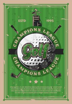 Golf club, sport retro banner. Ball and crossed sticks on club grunge poster with green golf course, bag with iron heavy niblicks. Sporting competition or tournament theme, vector