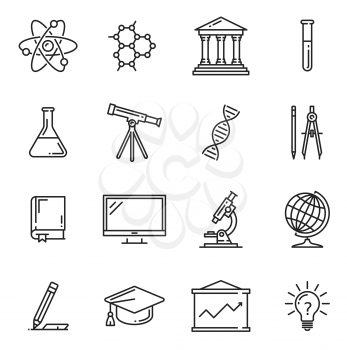 Science, education and laboratory experiments vector icons with book and lab flasks, microscope and atom, DNA and molecule, graduation cap and light bulb, telescope and monitor, graphic and stationery.