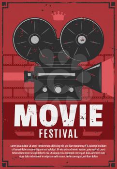 Movie or cinema festival, vintage video camera with film reels on brick wall. Vector film projection night retro invitation or announcement with equipment, motion picture production