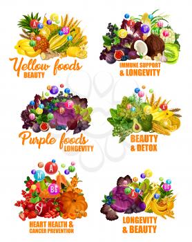 Color diet with fruits, organic food vitamins. Beauty, immune support and longevity, detox and heart health. Cancer prevention vector fruits and vegetables, organic grocery, nutrition consumption