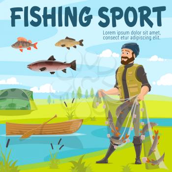 Fishing sport. Fisherman with net full of fish at river or lake shore. Vector man in rubber boots with salmon, trout and perch, wooden boat and camping tent on meadow