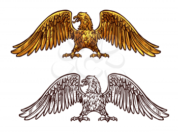Eagle heraldic icon, sketch medieval style. Griffin with broad wings and sharp claws. Vector mythical or legendary bird with golden plumage, honorable hawk