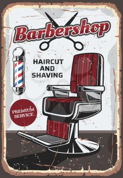 Barbershop vintage poster, chair for hairstyling and scissors. Great hairdressing salon, male haircut and beard styling or shaving service, retro armchair, vector