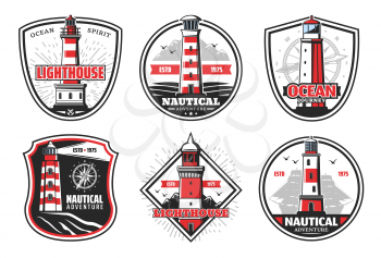 Nautical vector icons with lighthouses snd beacons. Vector beacons and ship or compass silhouettes, signal light tower in sea with red stripes on cliff. Isolated icons and symbols