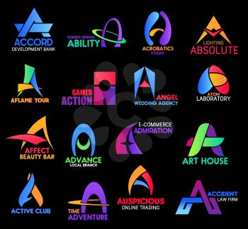 Letter A, business sand corporate identity icons. Accord and ability, acrobatics, aflame and action, angel and atom, affect and advance, admiration, active and adventure, auspicious or accident