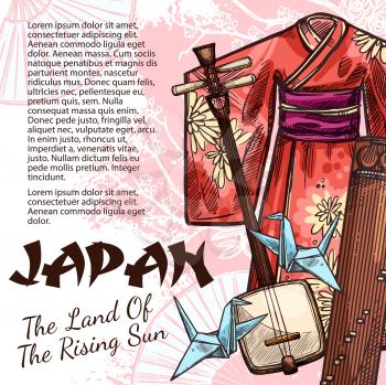Japan travel poster with silk geisha kimono, samisen and koto musical instrument and origami in shape of crane bird sketches. Oriental culture attributes on journey or tour abroad, vector