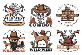 Wild West icons with cowboy in hats and skull, guns and pistols, Injun with feathers on head and horse, carriage and saloon. Western retro symbols of vintage police and criminals accessories, vector