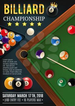 Pool billiards sport championship announcement poster. Color balls with numbers on green table, hole and cue. Vector billiards tournament, professional league