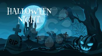 Halloween night, cemetery or graveyard. Vector gravestones and crosses, crow on tree and zombie hand, Jack lantern and scary castle. Autumn holiday, moonlight and spooky landscape with tombs