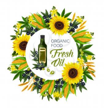Cooking oils and ingredients, organic food. Vector extra virgin olive, sunflower seed and flax or corn, hemp and rapeseed in glass bottles round icon, natural plants and vegetables