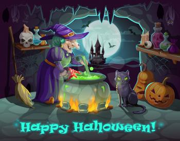 Danger witch with back cat brewing amanita mushroom potion in cauldron pot. Vector cartoon Happy Halloween, Trick or Treat night pumpkin skull, bats and haunted castle