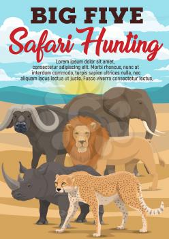 African hunting sport and travel. Vector exotic wild animals in desert. Safari hunt among dangerous lion and leopard, huge elephant and rhinoceros, heavy buffalo with horns