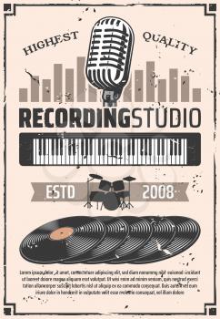 Recording studio, retro microphone and vinyl discs. Music albums, drums silhouette and electric synthesizer. Vector musical instruments and equipment, record songs or melodies theme