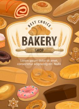 Bread, bakery shop or patisserie. Vector wheat bagel, rye croissant or ciabatta and cereal donut with glaze, gingerbread cookie or muffin, pita bread and roll with jam. Baked pastry store