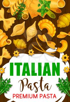 Pasta Italian dish with greenery. Vector spaghetti and macaroni, farfalle and lasagne, fusilli and pippe doppia, stelline and ravioli, pastry food with seasoning, dill and arugula