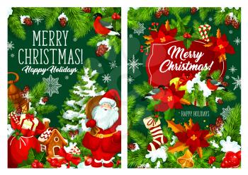 Merry Christmas wish and Happy Holiday greetings. Vector Santa with gifts bag, Christmas pine tree with snow and decoration, garland wreath and stocking in snow. Winter holiday season theme