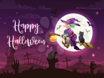Halloween danger witch with back cat flying on broom. Vector Halloween Trick or Treat night cemetery graveyard with zombie hands, tombstones under full moon and flying bats