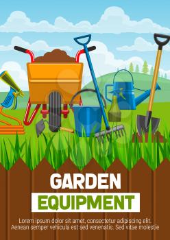 Gardening equipment shop poster with agriculture or horticulture tools. Wheelbarrow with soil and spade or shovel, watering can and hose with sprayer, bucket and rake behind fence on grass vector