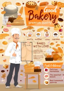 Baker with mustache holding menu. Bakery and pastry shop. Wheat flour sack and cake, roll and cheesecake, pretzel and cupcake, dough and waffle, marmalade and pastries. Vector