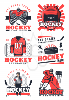 Ice hockey sport game vector icons and symbols. Players in uniform on skates, pucks and sticks, protective masks and helmet. Professional league tournament championship elements