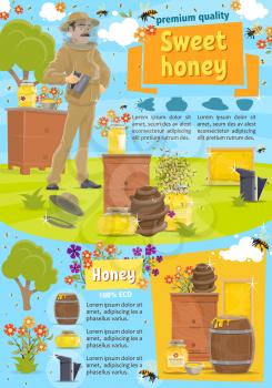 Beekeeping, apiary and beekeeper. Man in protective suit and jars or barrels of honey, bees swarm flying around flowers, beehives. Apiculture farm producing natural product, vector