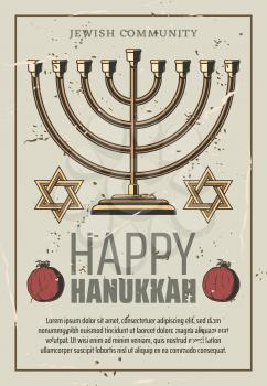 Happy Hanukkah holiday retro poster. Gold menorah and David stars with pomegranate. Jewish New Year religious event with holy symbols, lesser Jewish festival, kindling of lights