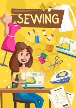 Woman works on sewing machine, vector. Seamstress sewing clothes at home, thread and needle, iron and dummy in dress, shirt and scissors, clothes drafts. Hobby and household chore or craft