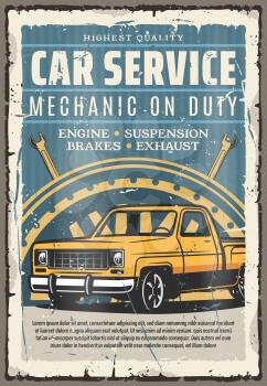 Car service retro poster. Mechanic on duty, automobile repair shop. Vector engine and suspension, brakes and exhaust. Pickup car, vehicle mechanism diagnostics, spare parts and garage station