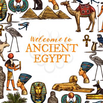 Welcome to ancient Egypt travel poster. Pharaohs, ankh and Ra god, Cleopatra head and sphinx, Great pyramids and camel, golden cross and stork, Tutankhamun and scarab
