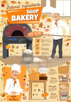 Baker putting pizza in stove, bakery and pastry shop. Vector wheat flour sack and bread loafs, roll and cupcake, croissant and dough, doughnut and waffle, marmalade