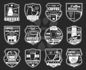 Coffee shop or cafe vector icons with hot drink cups, espresso machine and grinder, coffee pot, bean bag and scoop on vintage shields. Emblems, badges or labels design